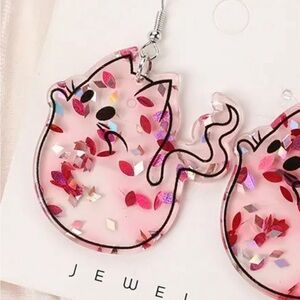 Festive Halloween Pink Cat Ghost Glitter Acrylic Drop Dangle Earrings Bling Boo